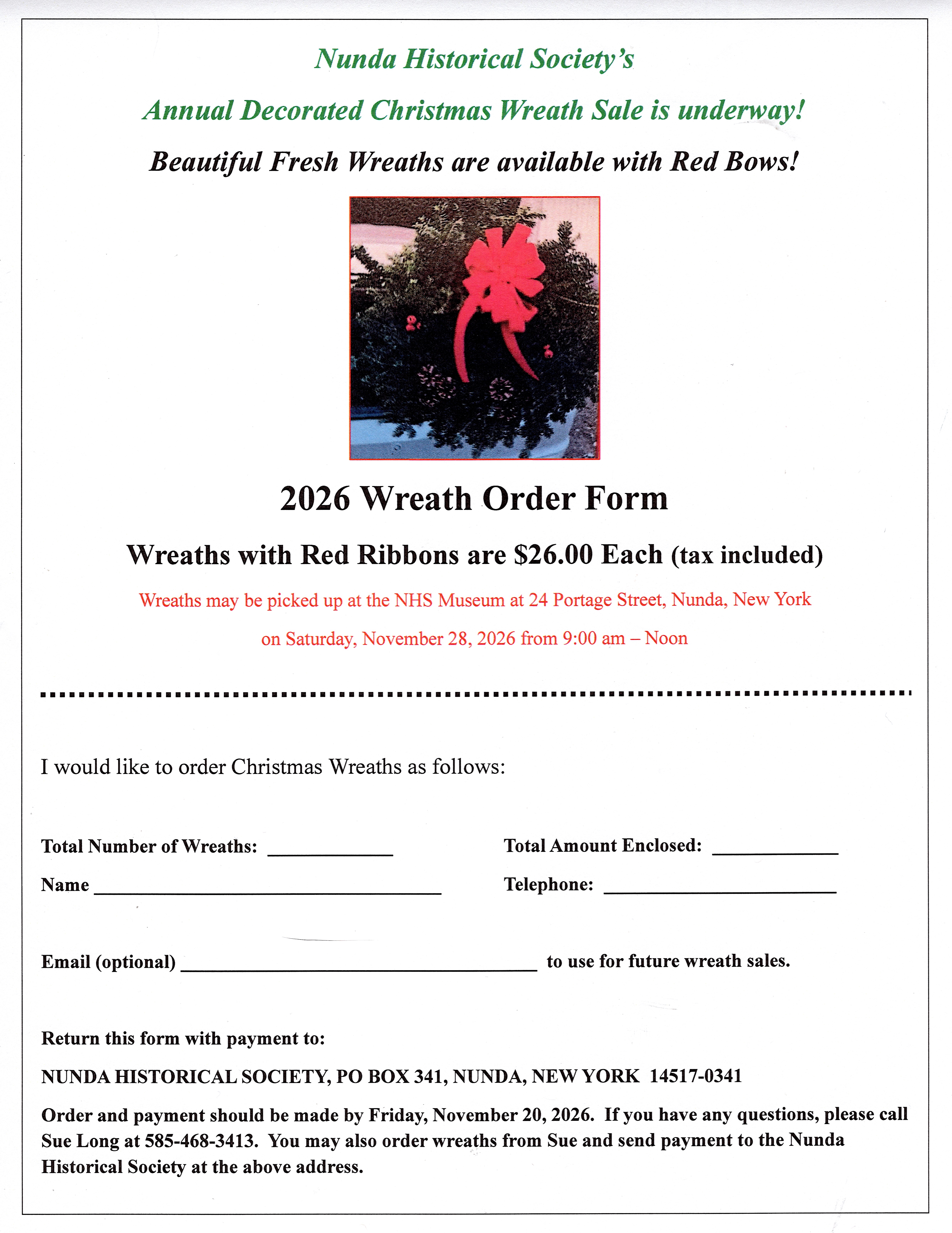2026 Nunda Historical Society Christmas wreath order form, including price, pickup details, and mail-in ordering instructions