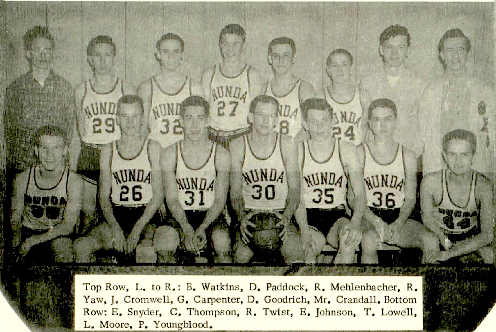 1955-56 Nunda basketball team with Ebbon Johnson